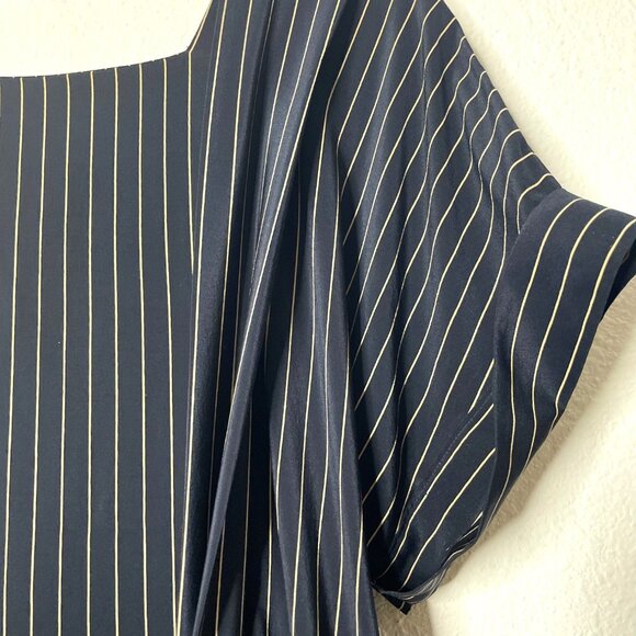 Vtg 80's Nancy Johnson Navy & Cream Striped 100% Silk Midi Dress W/ Button Back - Picture 4 of 9